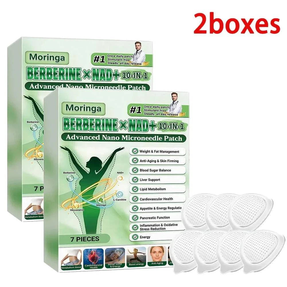 Two boxes of Aurenza 10-in-1 nano microneedle patches for moisturizing and firming skin, featuring 0.2mm microdarts for women and men.