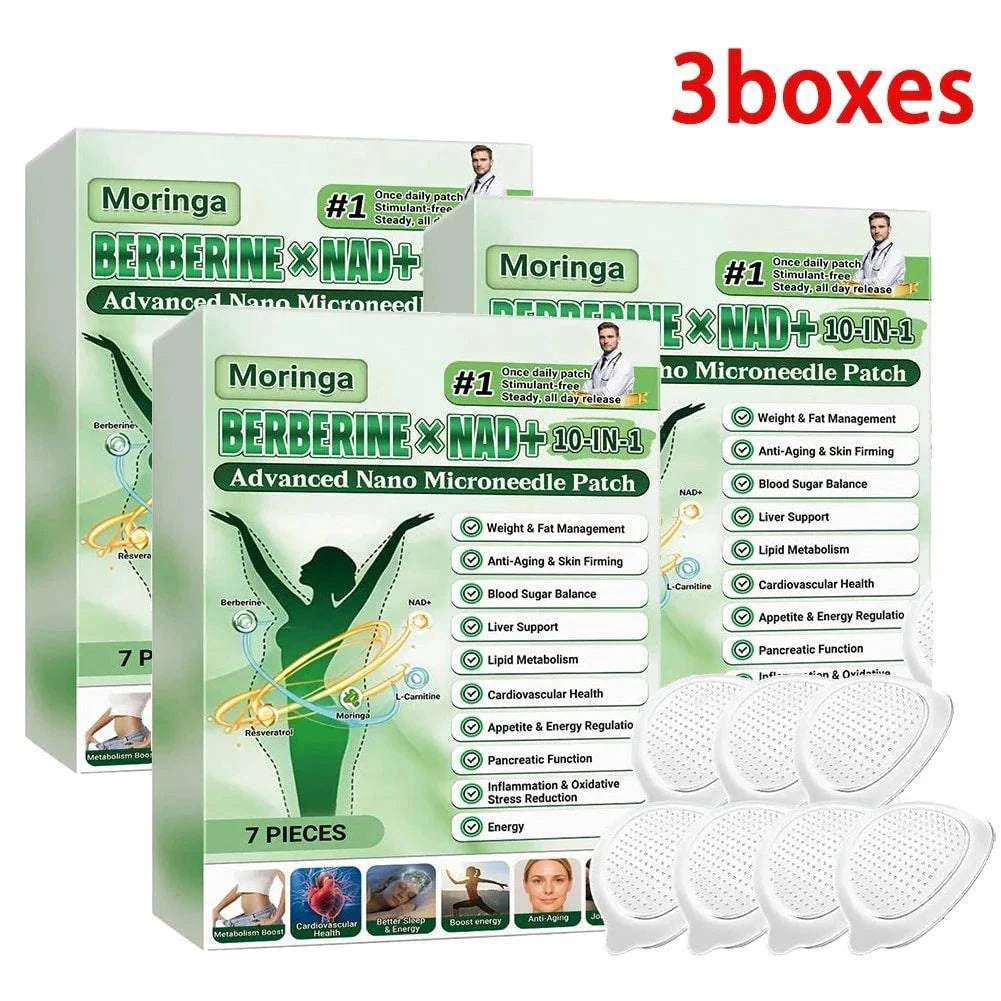 Three boxes of Aurenza Shop 10-in-1 nano microneedle patches for moisturizing, firming skin, with natural, gentle 0.2mm microdarts.