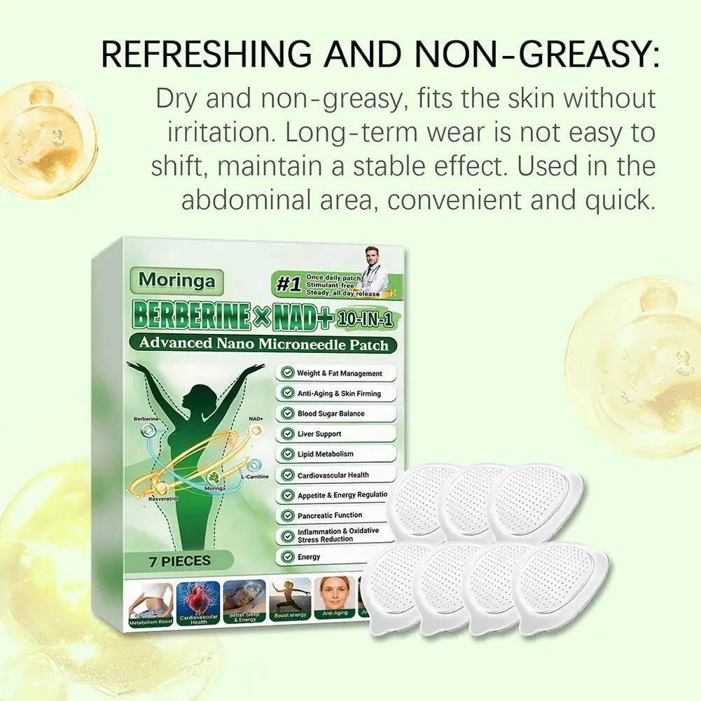 Aurenza 10-in-1 nano microneedle patch for moisturizing and firming skin, featuring natural, gentle 0.2mm microdarts for women and men.