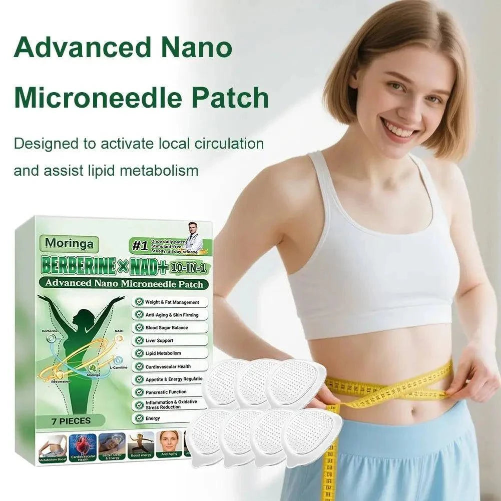 Aurenza 10-in-1 nano microneedle patch for moisturizing and firming skin, featuring gentle 0.2mm microdarts for women and men.