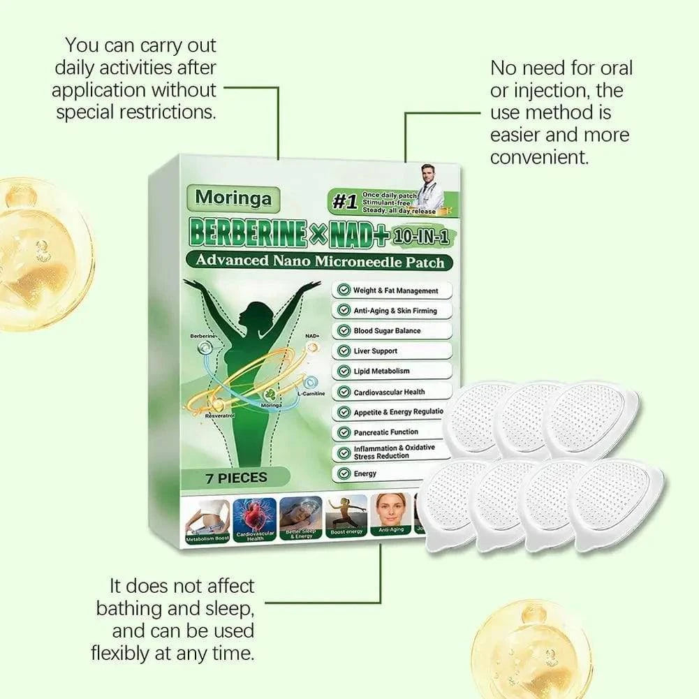 Aurenza 10-in-1 nano microneedle patch for moisturizing and firming skin, featuring tiny 0.2mm microdarts on a natural, gentle skin patch.