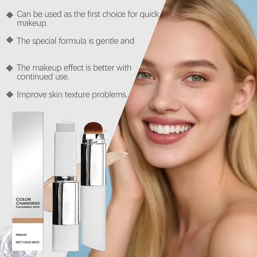 Aurenza Shop 2-in-1 color-changing foundation and concealer stick with brush, lightweight and moisturizing for even skin tone.