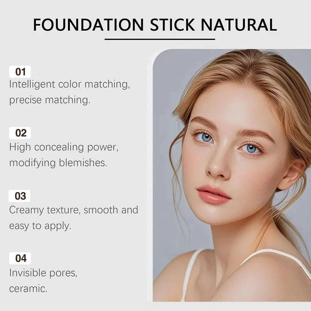 Aurenza Shop 2-in-1 color-changing foundation and concealer stick with brush, lightweight and moisturizing, shown with product details.