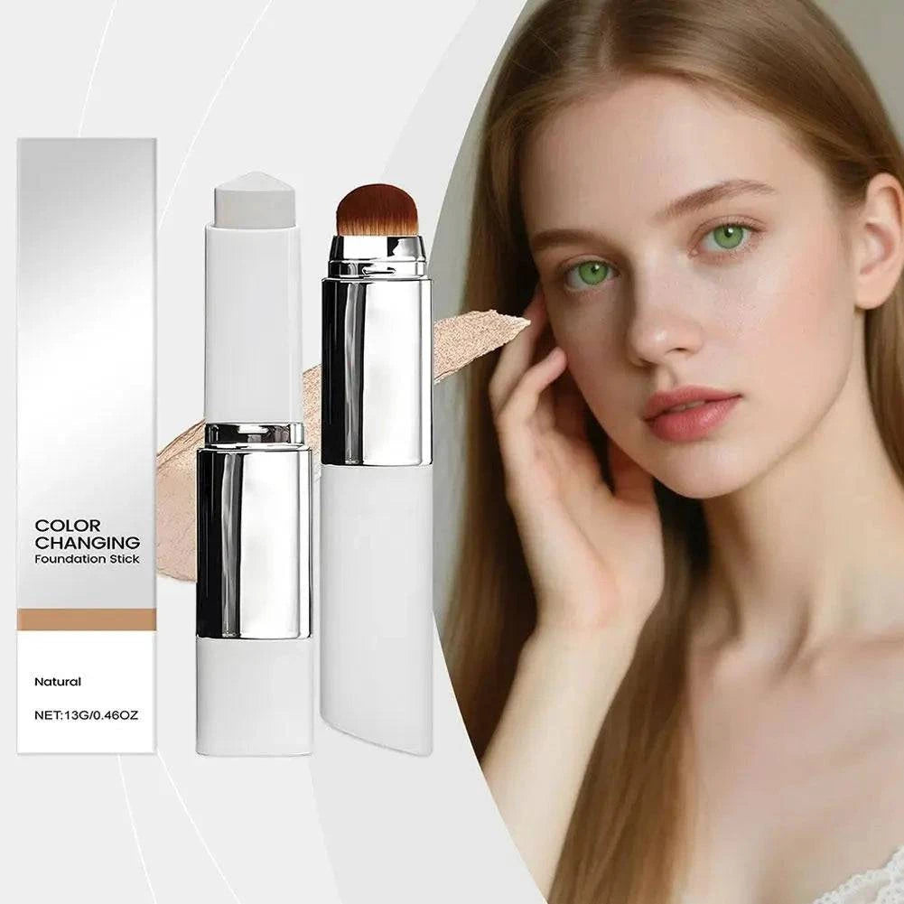 Aurenza Shop 2-in-1 color-changing foundation and concealer stick with brush, lightweight and moisturizing for even skin tone.