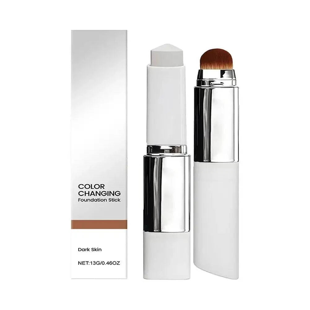 Aurenza Shop 2-in-1 color-changing foundation and concealer stick with brush for dark skin, lightweight, moisturizing, and easy to apply.
