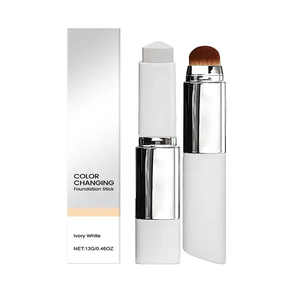 Aurenza Shop 2-in-1 color-changing foundation and concealer stick with brush, lightweight, moisturizing, in ivory white shade.