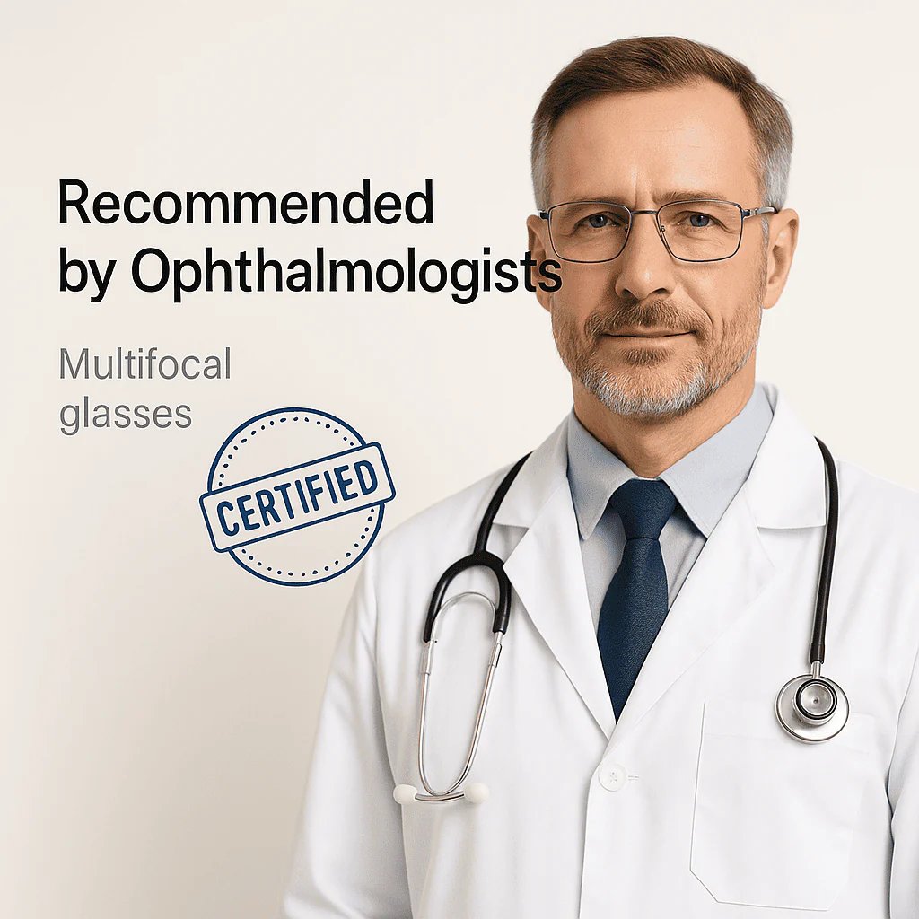 A pair of Aurenza Shop VisionSync Multifocal Glasses with clear lenses and black frames, resting on a white surface.