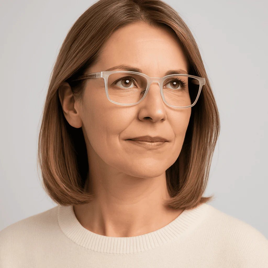 A pair of Aurenza Shop VisionSync Multifocal Glasses with clear lenses and black frames, resting on a white surface.