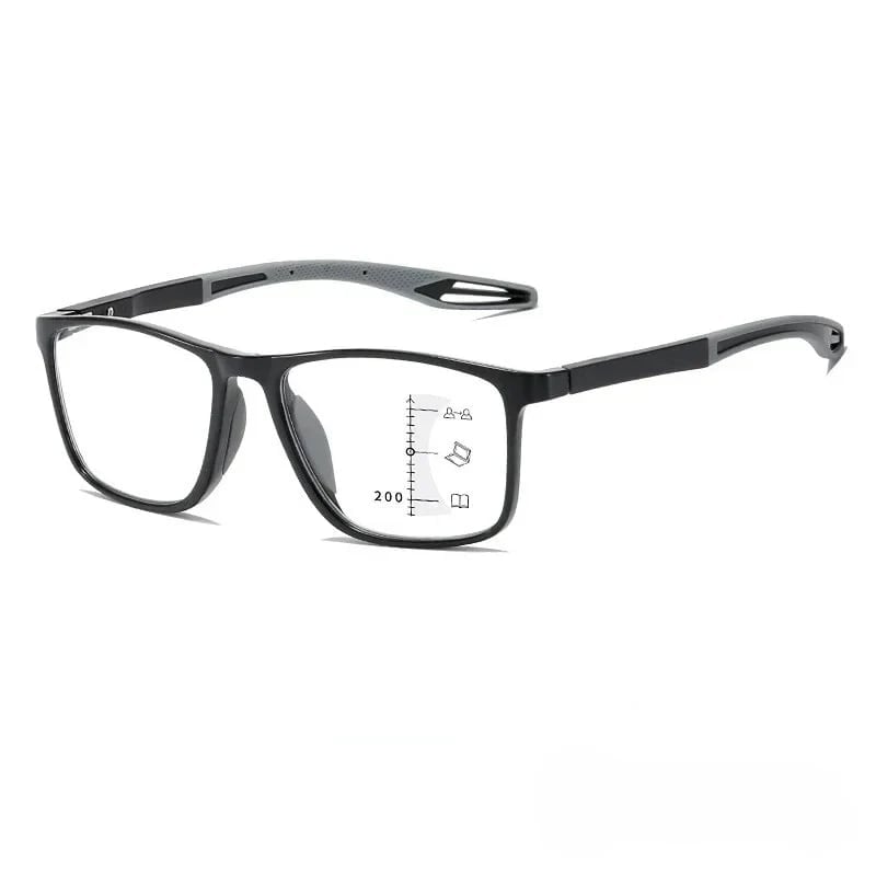 A close-up of Aurenza Shop VisionSync multifocal glasses with clear lenses and sleek black frames on a white background.