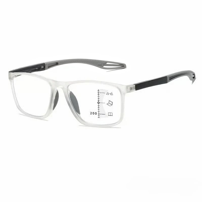 A pair of Aurenza Shop VisionSync multifocal glasses with clear lenses and stylish black frames on a white background.