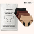 Aurenza Shop leak-proof underwear 4-pack, featuring colorful fabric designs and a comfortable, secure fit for women.