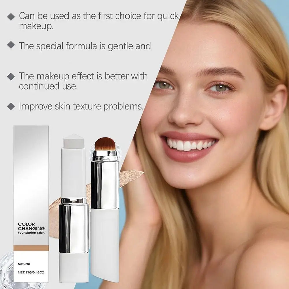 2-in-1 Color Changing Foundation & Concealer Stick with Brush, Lightweight and Moisturizing