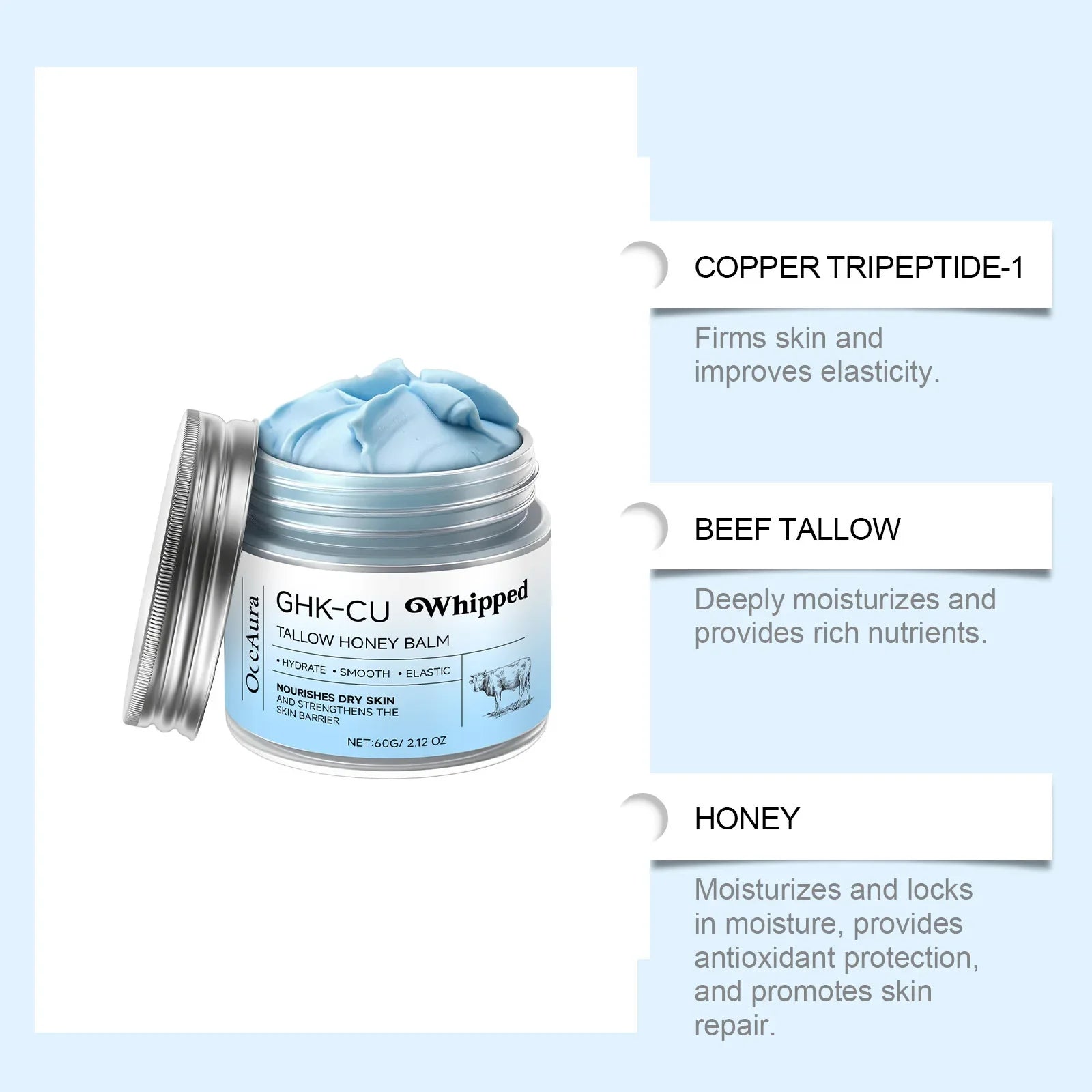 Peptídeos de Cobre GHK-Cu Tallow de Carne para Pele: Bálsamo Azul Manuka Mel Hidratante Facial e Corporal para Pele Madura, Seca e Sensível