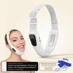 Arenzza Smart Face Sculpting Device with 8 modes for double chin reduction and jawline definition, shown in use.