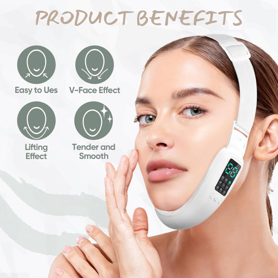 Arenzza Smart Face Sculpting Device with 8 modes for double chin reduction and jawline contouring, shown in use.