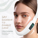 Arenzza Smart Face Sculpting Device with 8 modes for double chin reduction and jawline definition, shown in use.