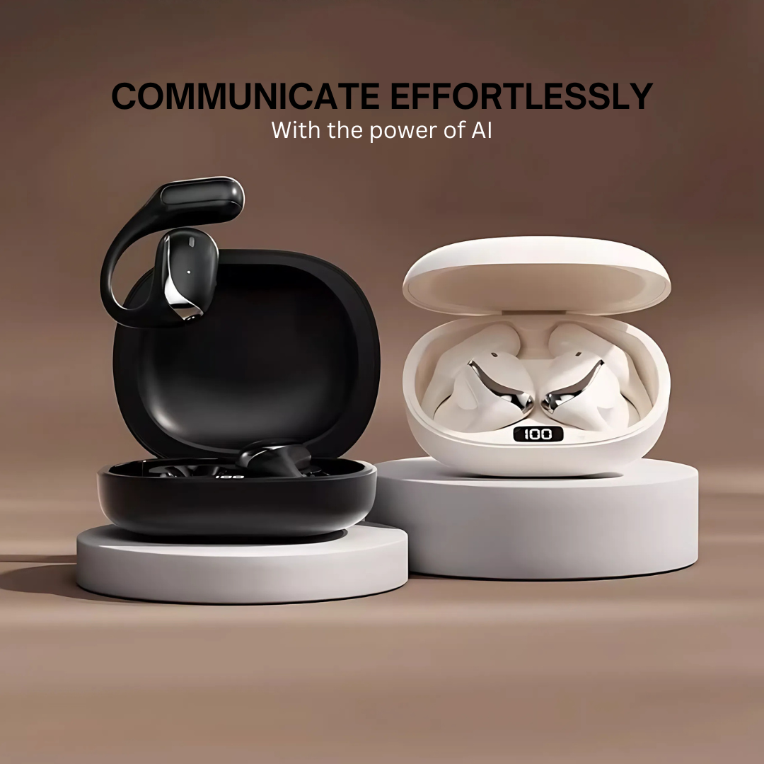 Aarenza VerbaBuds™ AI Translator Earbuds in black, wireless in-ear design with built-in microphone and touch controls.