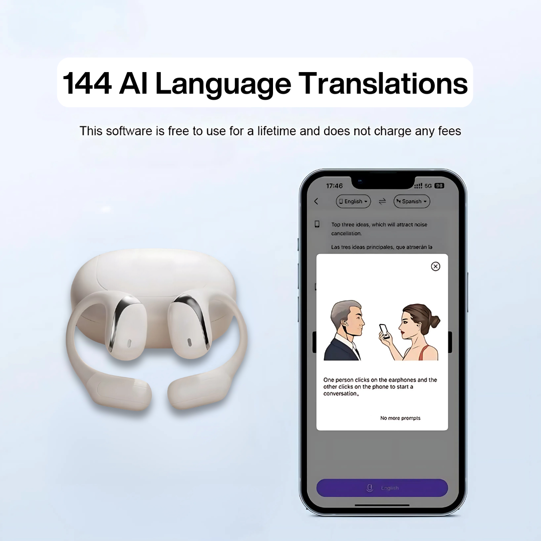 Arenzza VerbaBuds™ AI Translator Earbuds in black, wireless in-ear design with sleek finish, designed for language translation.