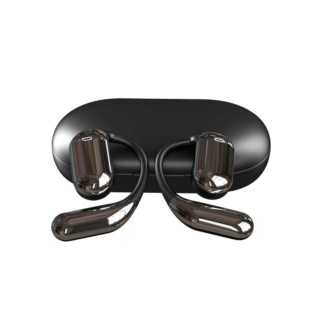 Arenzza VerbaBuds™ AI Translator Earbuds in black with sleek design and compact charging case on a white background.