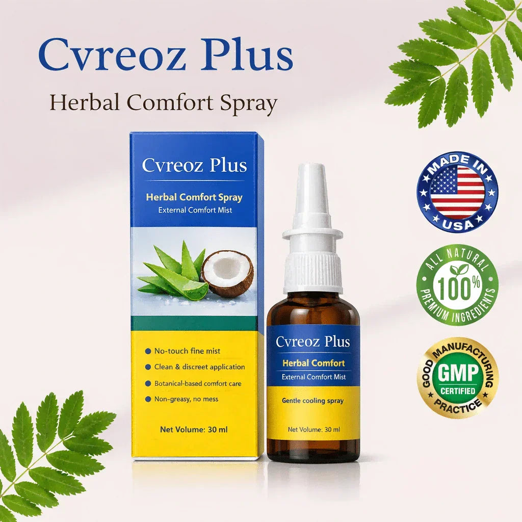 Arenzza Cvreoz Plus™ Herbal Comfort Spray bottle with label, showcasing the herbal comfort spray for soothing relief.