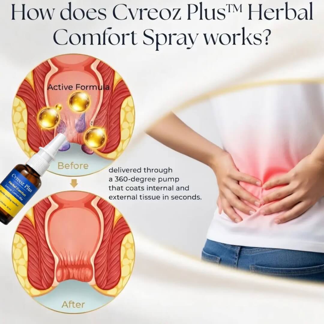 A bottle of Arenzza Cvreoz Plus™ Herbal Comfort Spray with a herbal-themed label, designed for soothing and comfort.