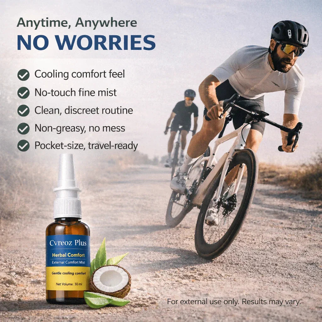 A bottle of Arenzza Cvreoz Plus™ Herbal Comfort Spray with herbal ingredients, designed for soothing and relief.