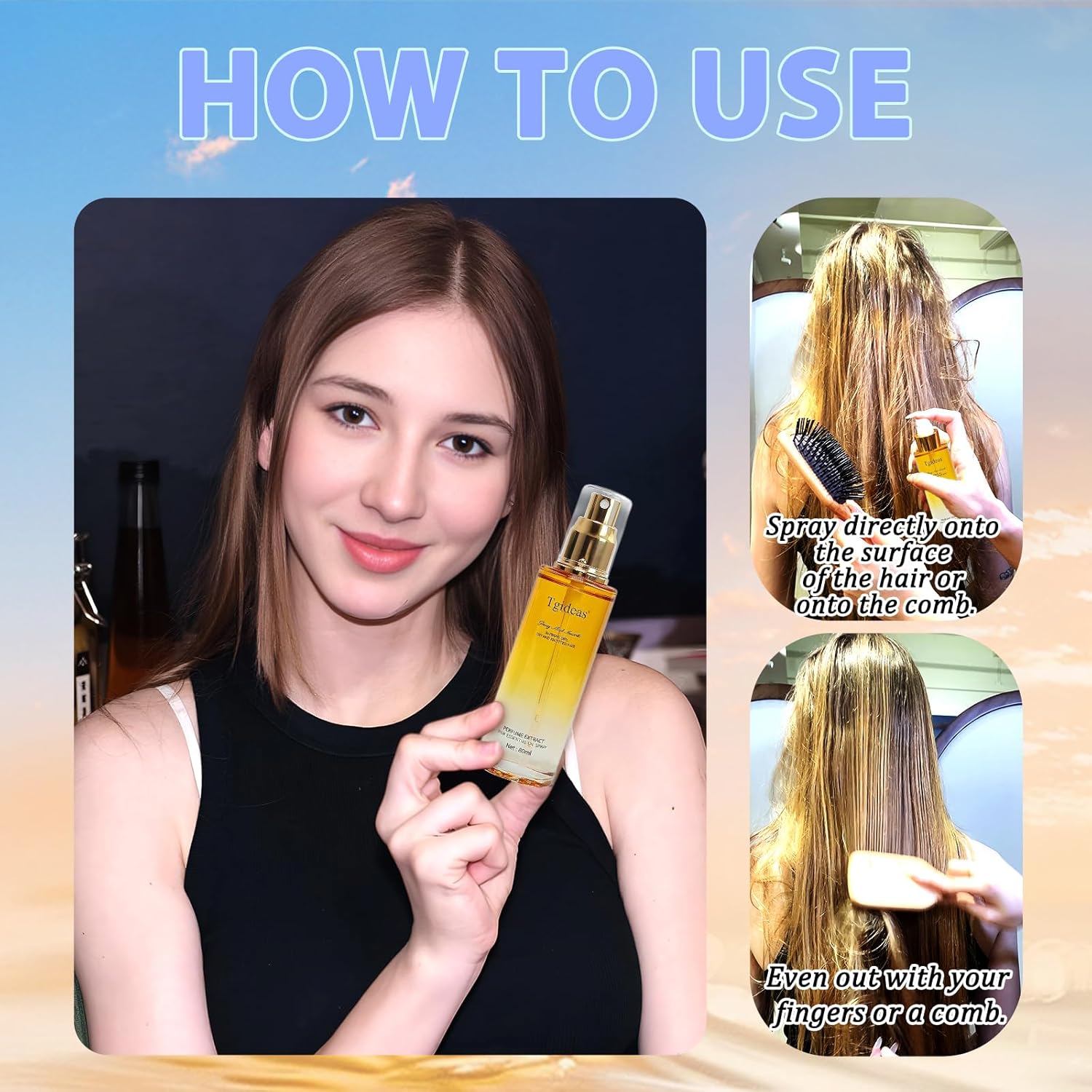 Arenzza Hair Oil Spray bottle with nozzle, showcasing shiny hair, healthy hair care product for smooth, nourished hair.