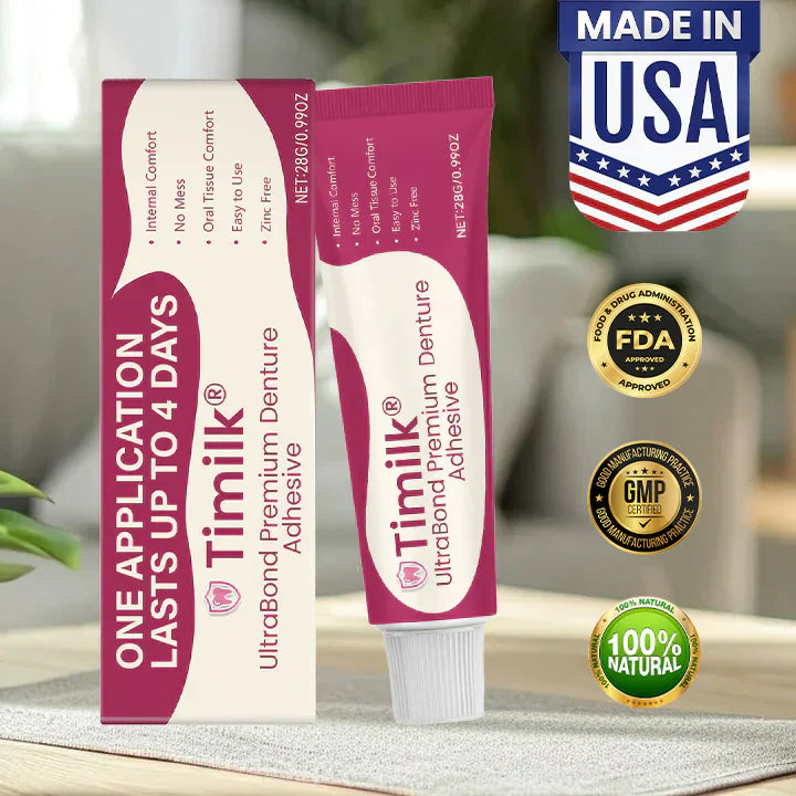 A close-up of Timilk® UltraBond Premium Denture Adhesive container by Arenzza, showcasing the product label and packaging.