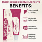 A close-up of Timilk® UltraBond Premium Denture Adhesive packaging by Arenzza, showing the product label and branding.