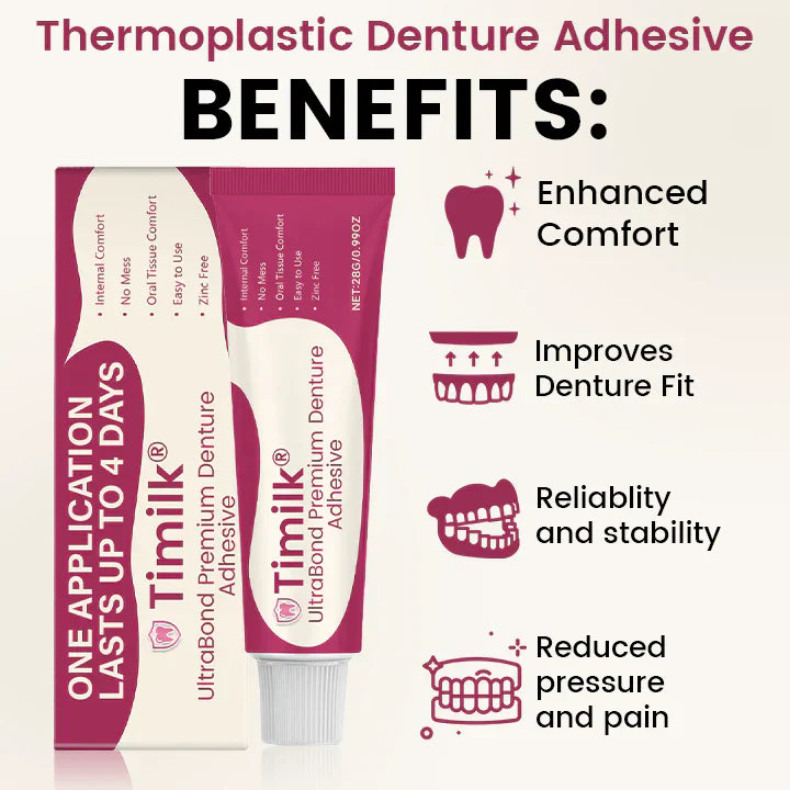 A close-up of Timilk® UltraBond Premium Denture Adhesive packaging by Arenzza, showing the product label and branding.