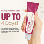 A close-up of Timilk® UltraBond Premium Denture Adhesive in a container, showcasing the Arenzza brand label.