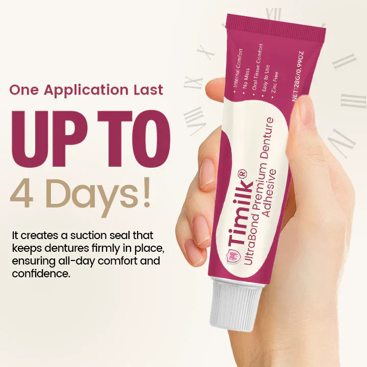 A close-up of Timilk® UltraBond Premium Denture Adhesive in a container, showcasing the Arenzza brand label.