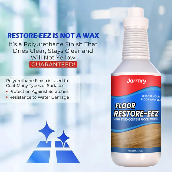 Arenzza Clean-llx Floor Restorer bottle with shiny, protected wooden floor surface showing instant shine and protection.