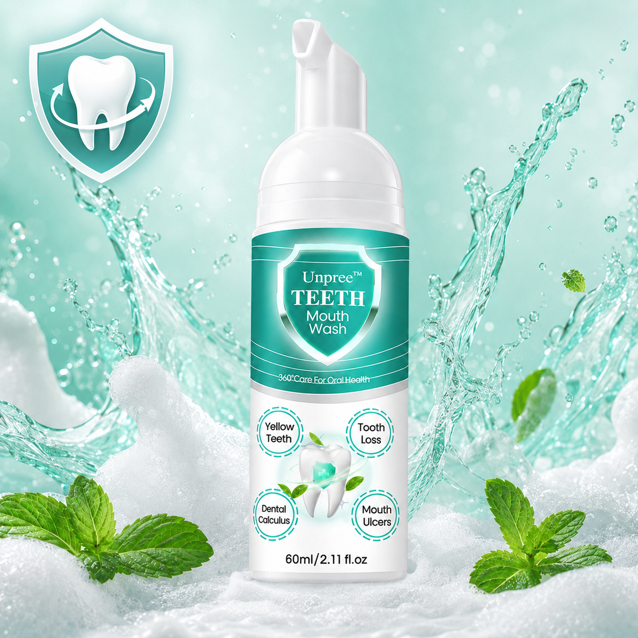 Aurenza Shop Unpree™ NEW TEETH Mouthwash bottle, designed to solve oral problems, with a clear label and 3D bottle view.