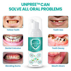 Aurenza Shop Unpree™ NEW TEETH Mouthwash bottle, clear liquid inside a white and blue bottle, designed for oral health.