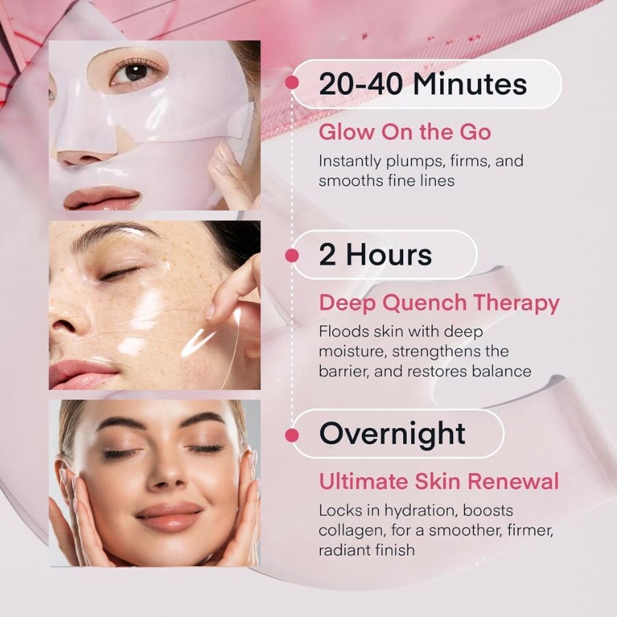 Pink Deep Collagen Gel Mask by Aurenza Shop displayed in a box with four packs, showcasing the mask's packaging and texture.