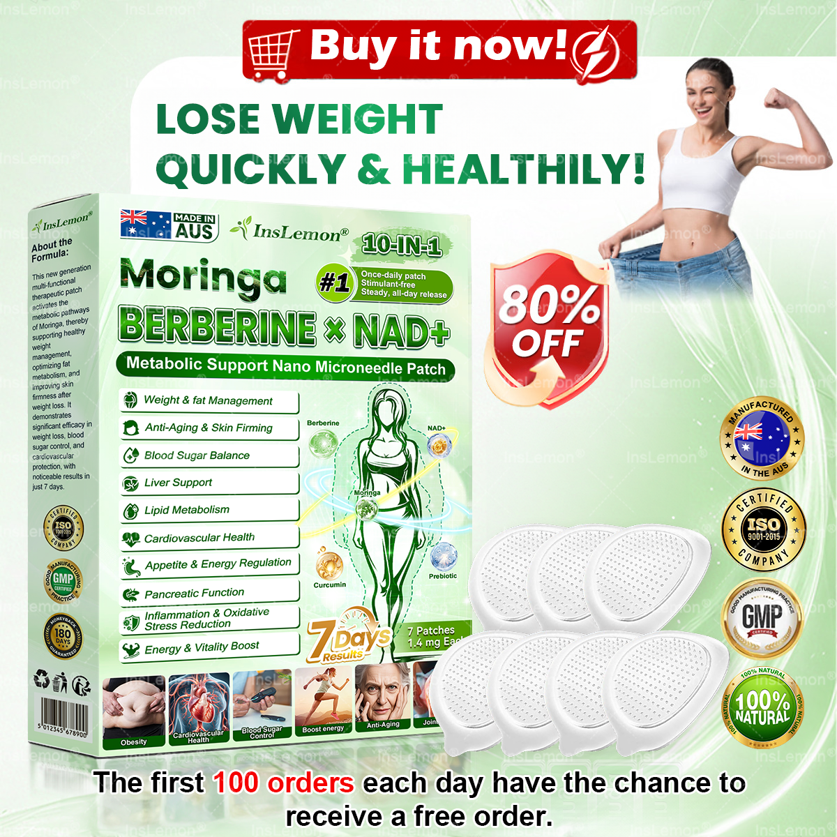 Aurenza Shop Moringa Bee Venom Berberine Nano Microneedle Patch packaging with a close-up of the product box and micro-needles.