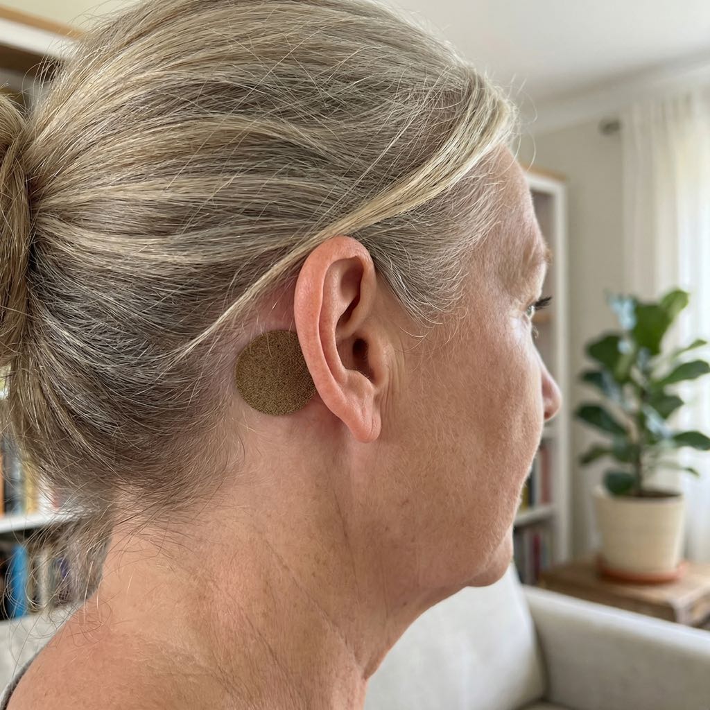 Aurenza Shop EarBliss Tinnitus Relief Patch packaging with one-month supply, designed to help alleviate tinnitus symptoms.