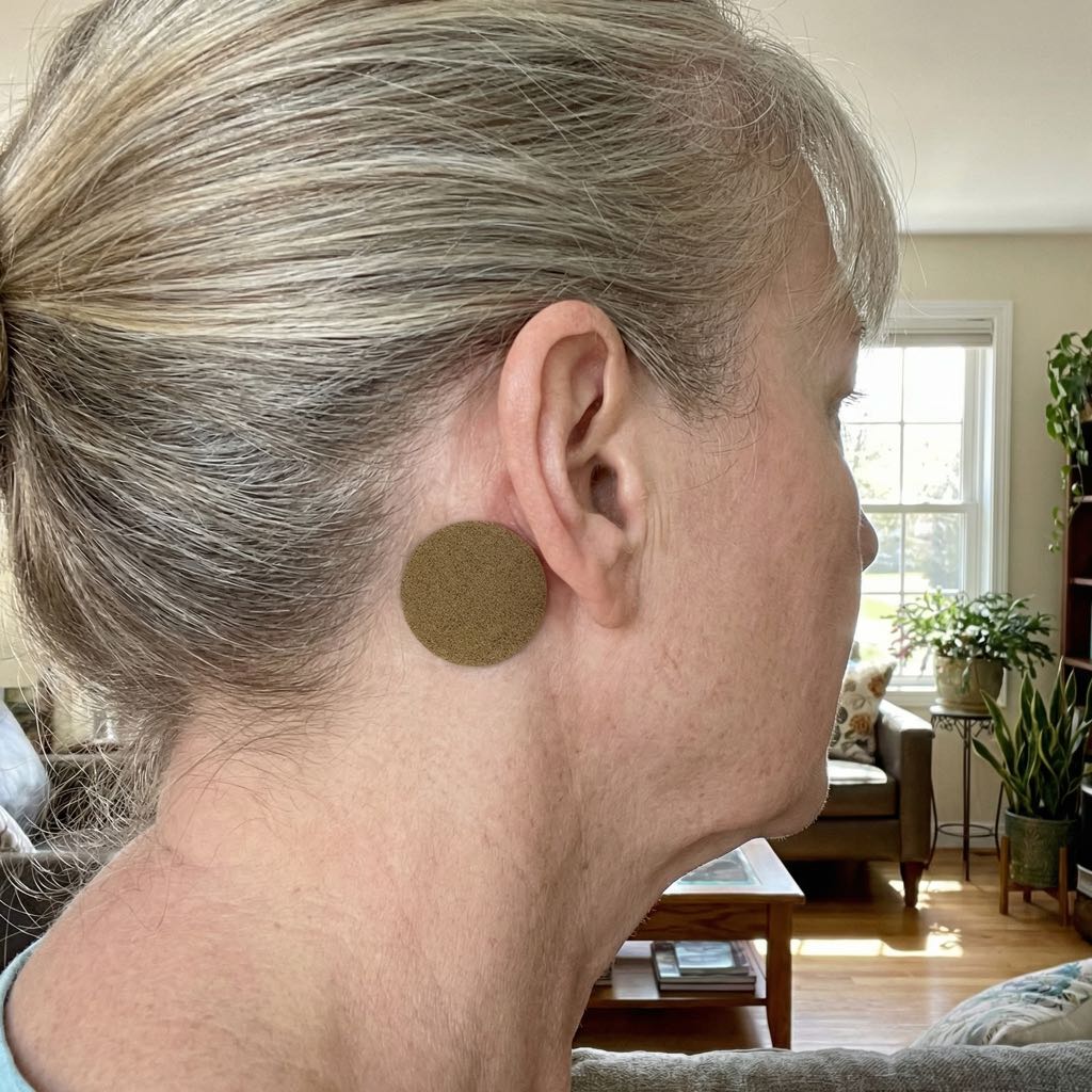 Aurenza EarBliss Tinnitus Relief Patch package showing a 1-month supply of ear patch for tinnitus relief.