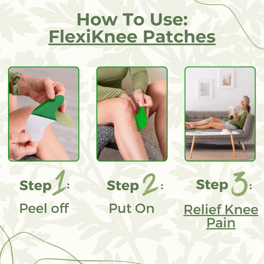 FlexiKnee™️ natural knee pain patches by Aurenza Shop, showing a pack of 12 adhesive patches for knee relief.