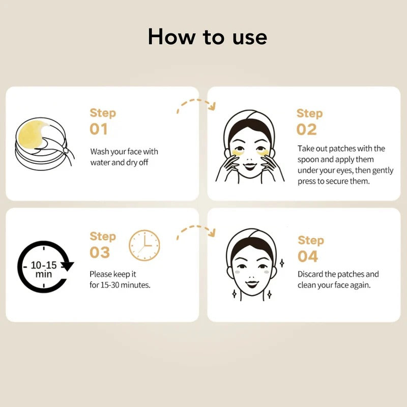 A pack of 60 gold under eye patches by Aurenza Shop, showing the individual patches with a shiny gold finish for revitalized eyes.