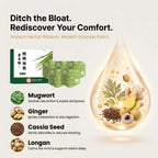 Aurenza Herbal Belly Comfort Patch for bloat relief and a smoother-looking waist, shown on skin with the patch applied.