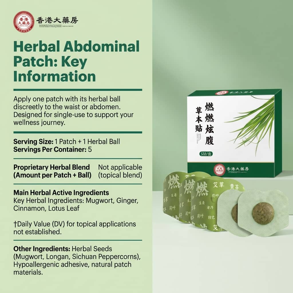 Aurenza Shop herbal belly comfort patch for bloat relief, shown on the waist with packaging and herbal ingredients visible.
