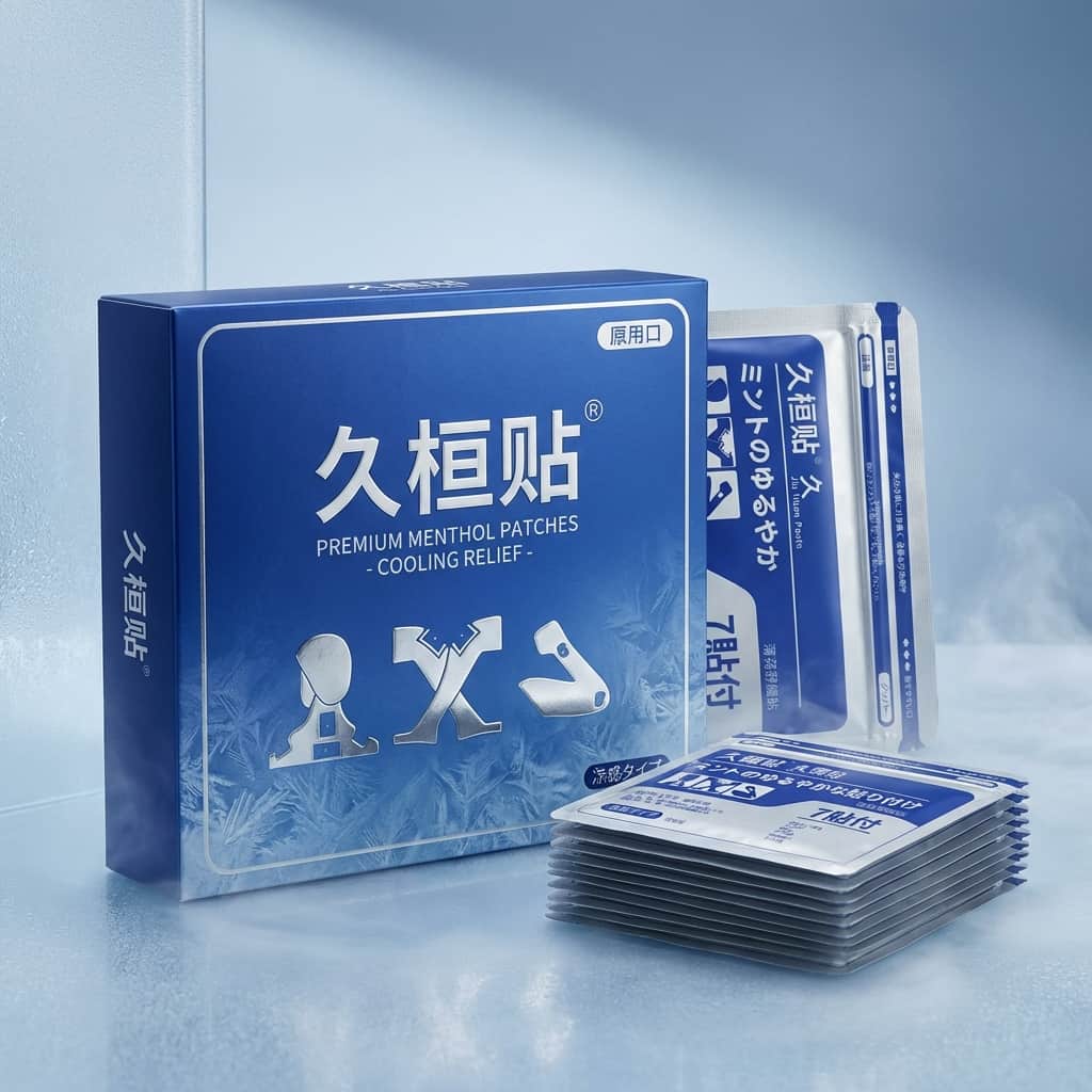 Japanese Pain Patches by Aurenza Shop, high absorption glucosamine, chondroitin, and herbal ingredients, shown in packaging.