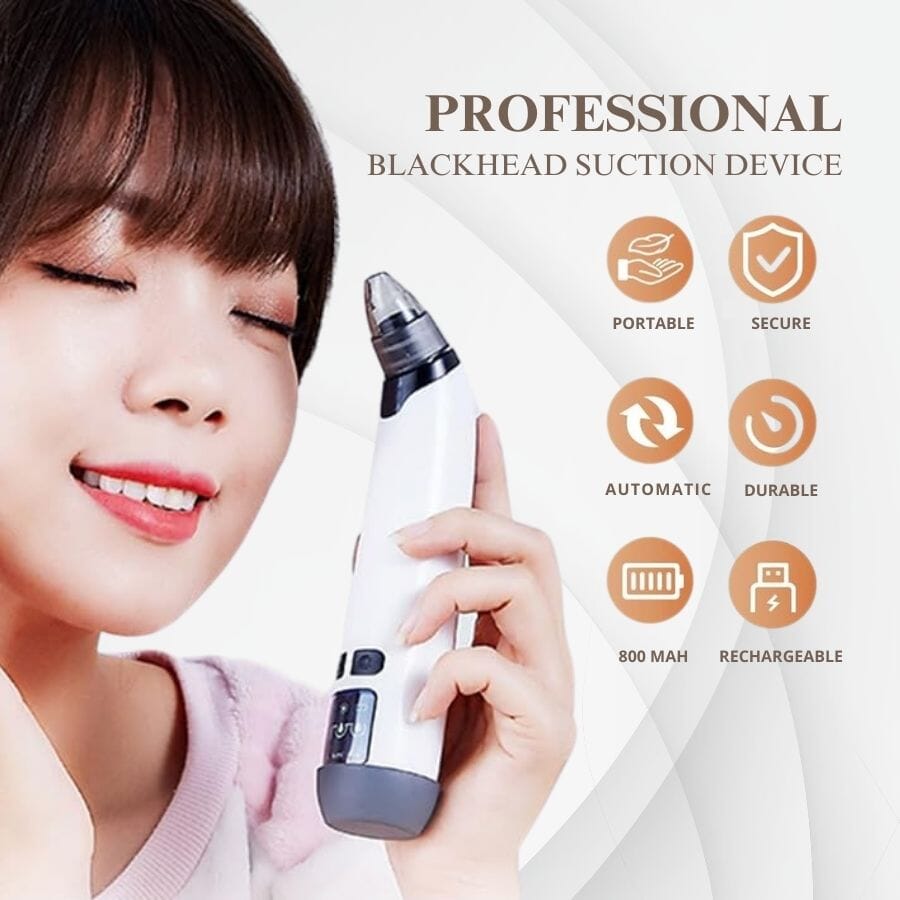 Aurenza Shop blackhead remover pore vacuum cleaner with a sleek black design and multiple suction attachments for skin cleansing.