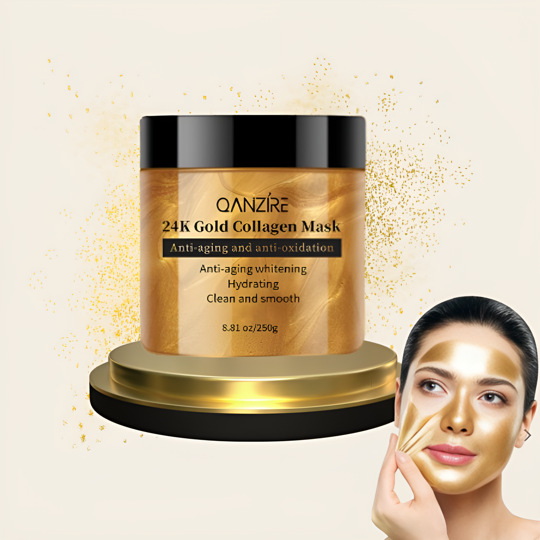 Aurenza 24K Anti-Aging Lift & Firm Face Mask, luxurious 5-minute treatment with gold-infused skincare for youthful skin.