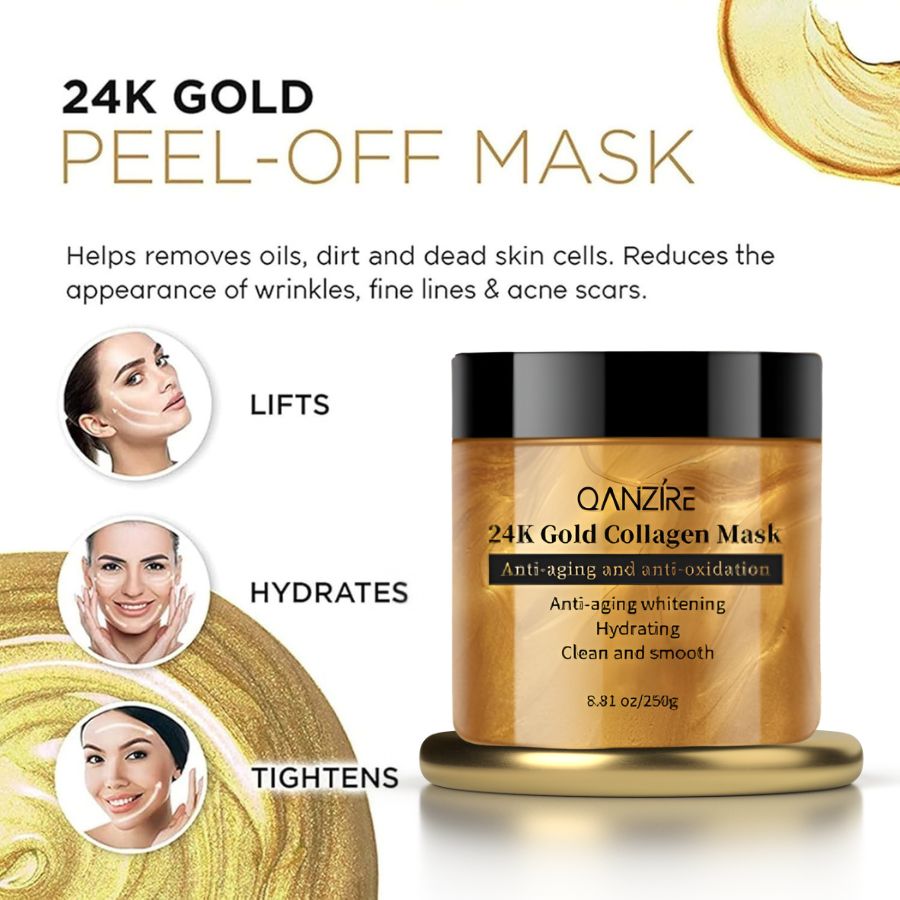 Aurenza Shop 24K anti-aging lift and firm face mask in a sleek jar, ready for a quick luxury skincare treatment.
