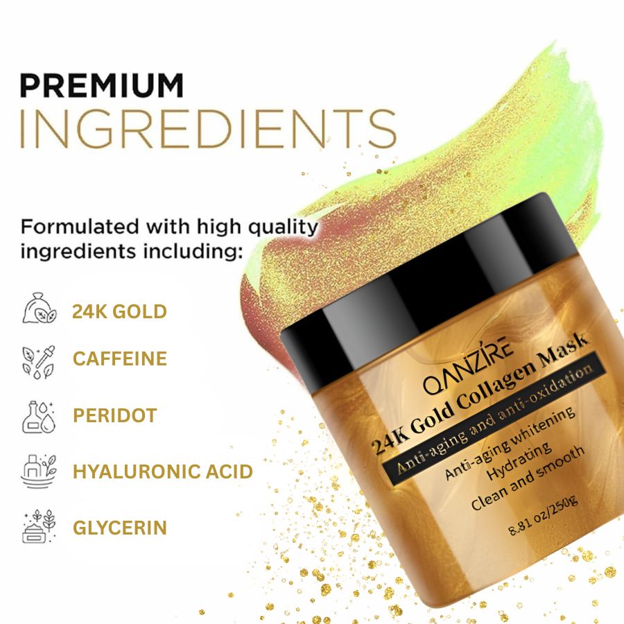Aurenza 24K Anti-Aging Lift & Firm Face Mask showing a luxurious gold-colored mask for 5-minute skin rejuvenation treatment