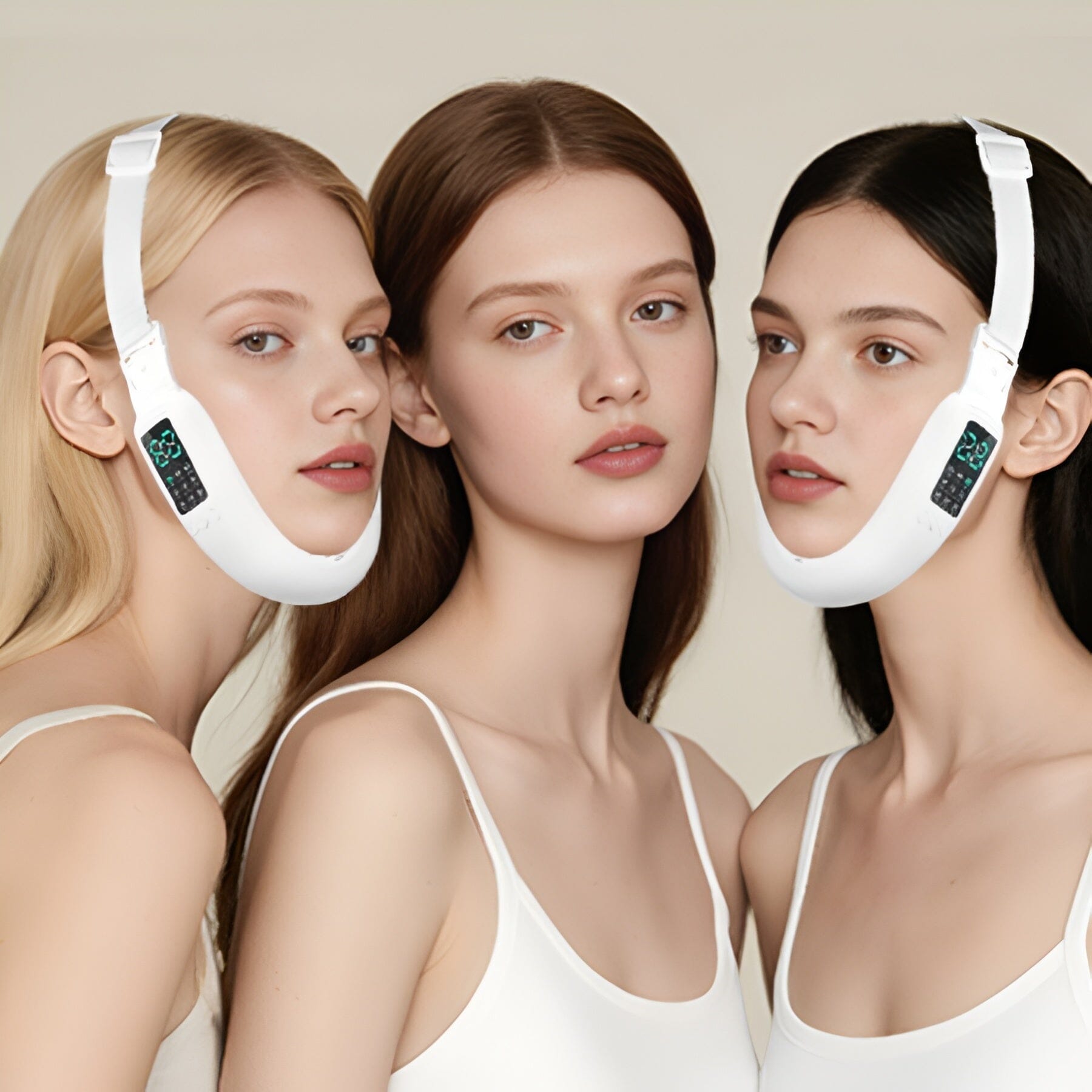 Aurenza Smart Face Sculpting Device with 8 modes for double chin reduction and jawline definition, shown in use.