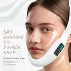Aurenza Smart Face Sculpting Device with 8 modes for double chin reduction and jawline definition, shown in use.